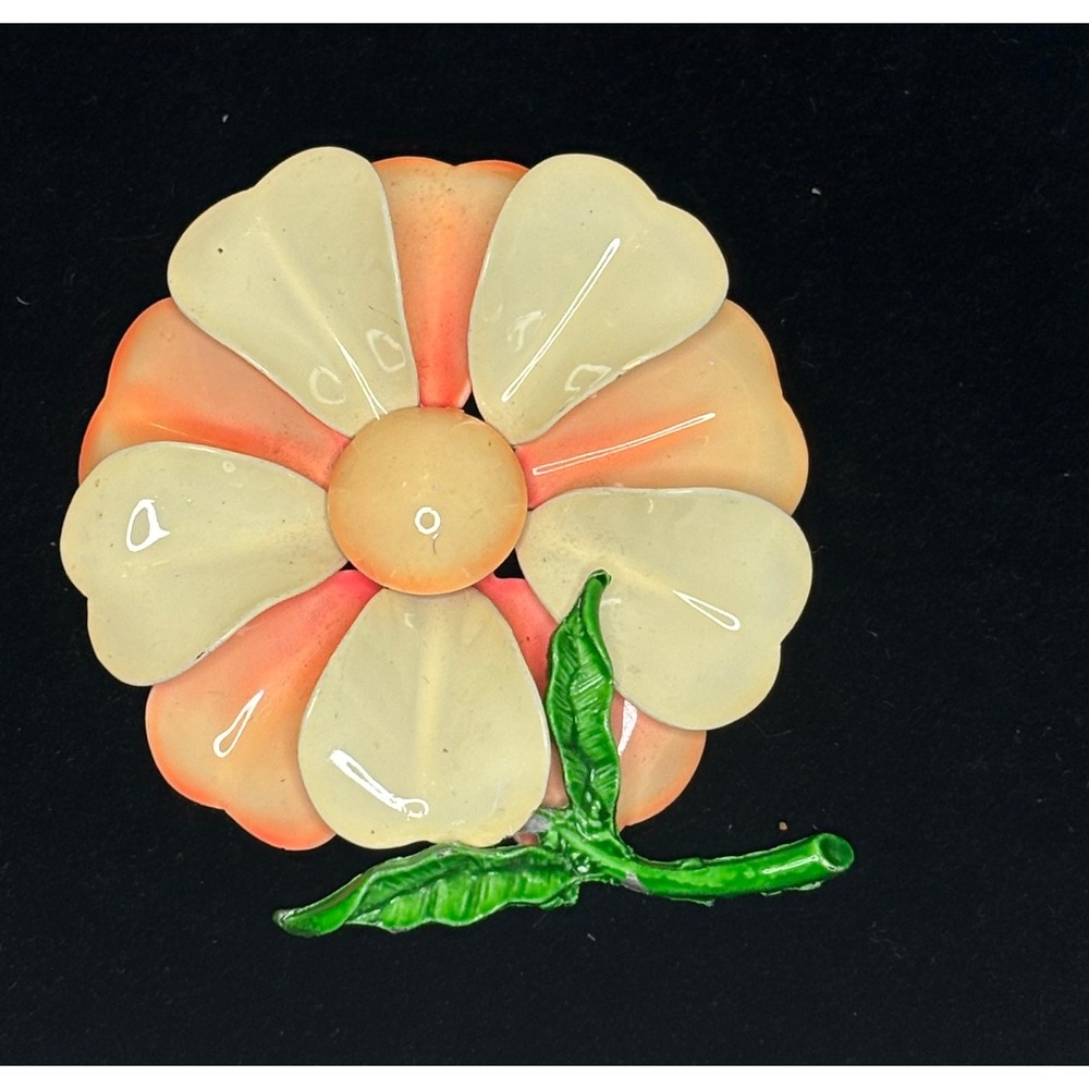 1960s Enamel Pop Art Mod Flower Brooch Pin Layered Orange Cream Green Vintage